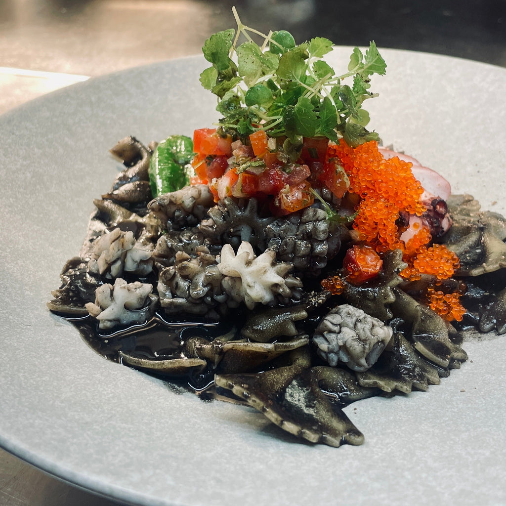 Grilled Octopus Squid Ink Assam Farfelle
